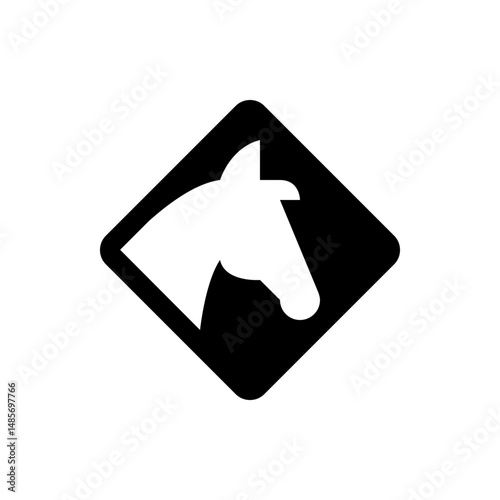Illustration of a white horse head silhouette inside a black rotated square with rounded corners design element