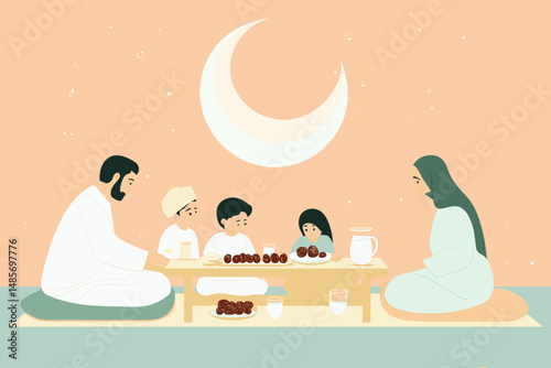 Family Iftar Celebration Under the Crescent Moon