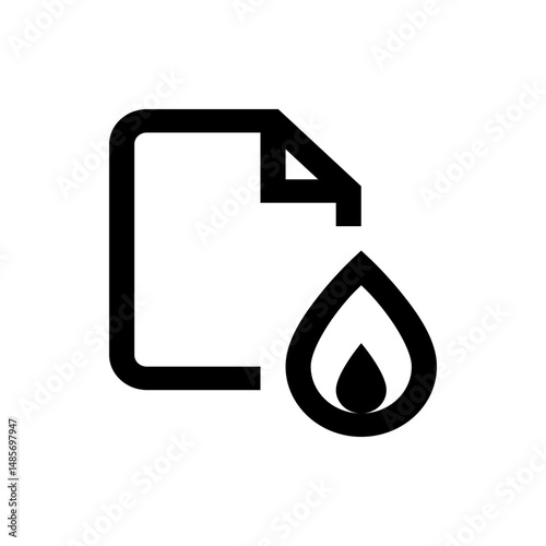 A simple black outline drawing of a document icon next to a flame or teardrop shape on a white background