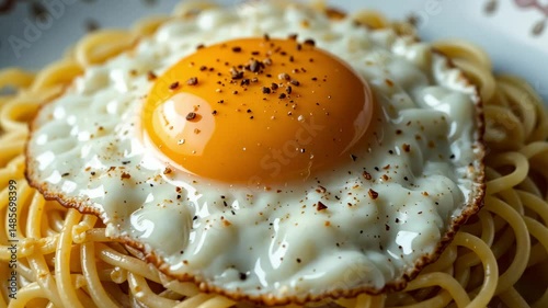 A sunny side up egg with black pepper on top cooked on a pan, showing close-up detail and warmth, representing breakfast food concepts or culinary themes with delicious appeal