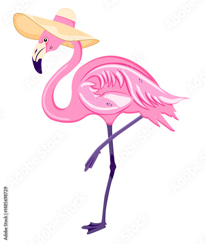 A pink flamingo with a straw hat on a white background