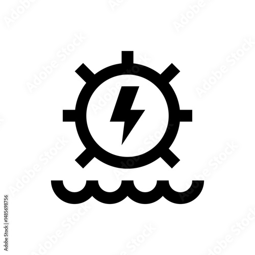 Illustration of a hydro power symbol with a gear and lightning bolt above wavy lines representing water