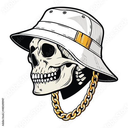 A detailed rendering of a skull wearing a stylish bucket hat and a chunky silver chain, against a stark white background.  Focus on realistic bone texture and shadowing.