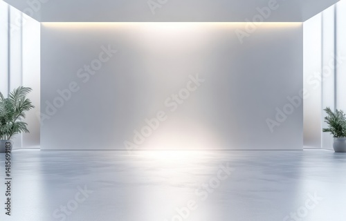 Wallpaper Mural Minimalist modern room with smooth light gray floor, white walls, vertical windows, and two green potted plants on either side, bright and clean atmosphere Torontodigital.ca