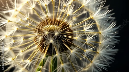 Close-up of a dried dandelion flower head in sharp detail with seeds ready to blow, symbolizing nature, dreams, wishes and soft motion in outdoor natural beauty themes