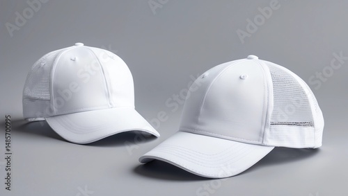 Two white baseball caps isolated on a gray background front and back view, white trucker hat mock up and template
