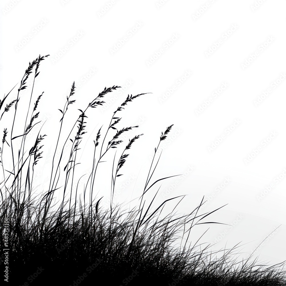 Obraz premium Black and White Silhouette of Tall Grass Blowing in Wind Against White Background
