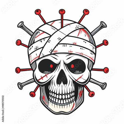 A detailed close-up of a human skull meticulously covered in aged, blood-stained bandages, secured with numerous surgical pins.  The lighting should be dramatic and moody.