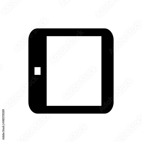 Illustration of a black tablet device with rounded edges and a white screen and a square button on the side