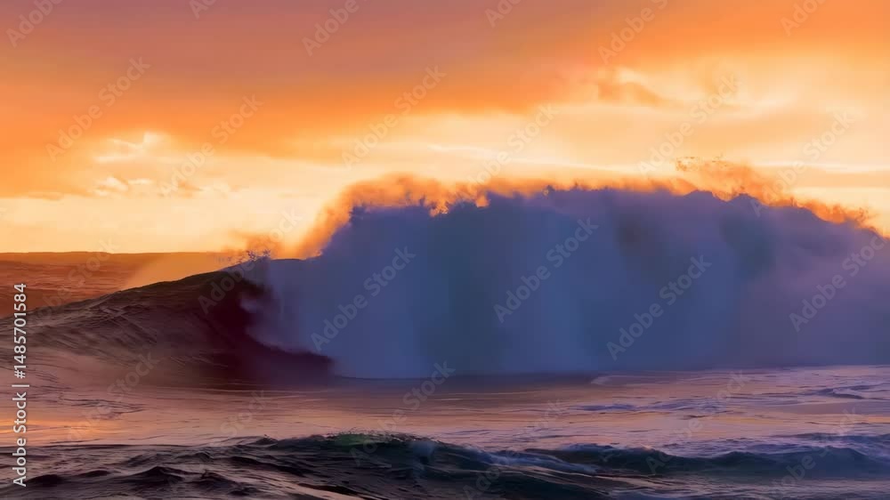 Powerful ocean waves crashing against rocks during an orange sky sunset, showcasing ocean's natural energy and power in coastal environment