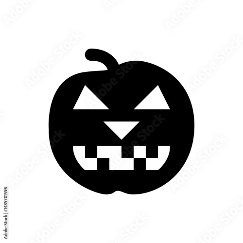 A black silhouette of a jack o lantern with triangular eyes and a blocky toothy grin on a white background