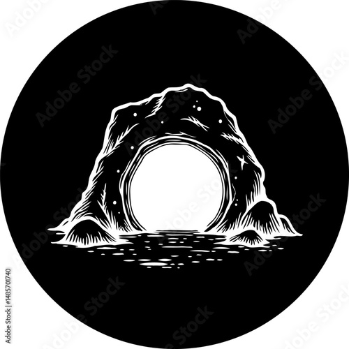 Stylized monochromatic illustration of a cave entrance reflecting in water