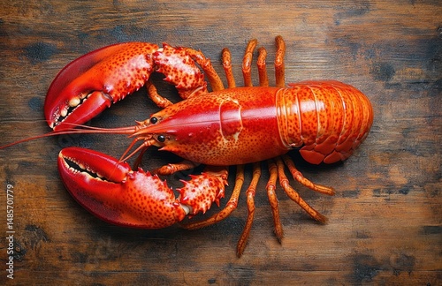 Bright red cooked lobster with large claws lying on rustic wooden surface showing detailed texture and color