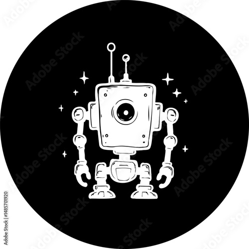 Stylized robot illustration on a circular backdrop evoking futuristic retroism