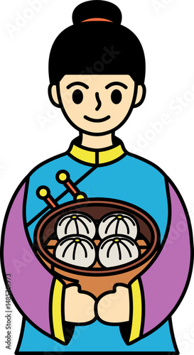 Chinese woman in cheongsam holding a steamer basket of steamed buns