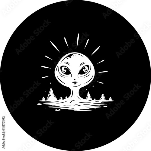 Monochrome Alien Landscape Encircled: A Whimsical Out-of-World Encounter