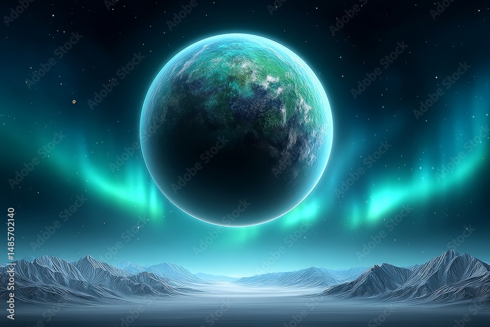 A green Earth-like planet orbiting a sun with blue-green auroras