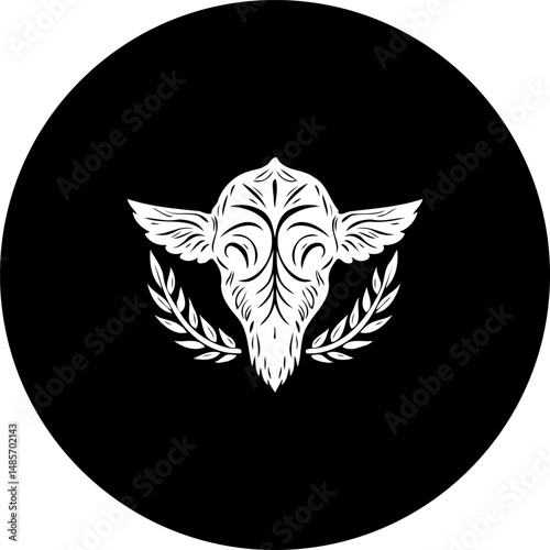 Stylized avian emblem within circular composition evokes ancient heraldry
