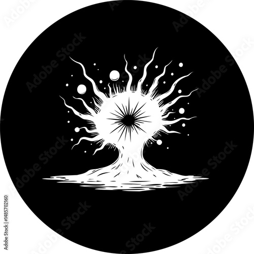 Monochrome cosmic entity with radiating tendrils, set against a dark background