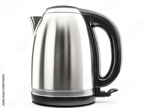 https://s.mj.run/7aJ-ZGlAVDg Stylish stainless steel kettle with a black plastic handle, isolated on a white background. Detailed, high-resolution photography. .high natural lighting, unreal engine,hy
