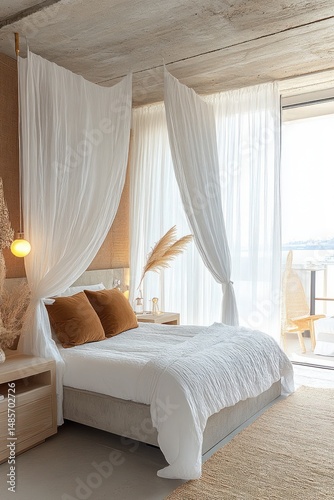 Cozy modern bedroom with a canopy white sheer curtain bed, brown pillows, soft natural lighting, minimalist wooden furniture, and a balcony overlooking a bright outdoor space
