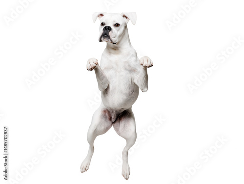 White dog leaping with front legs extended and mouth open, isolated on transparent background