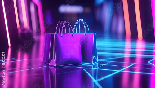 Two shopping bags in a vibrant neon-lit space