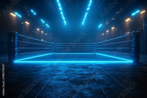 Illuminated boxing ring with futuristic blue neon lights in a dramatic dark arena