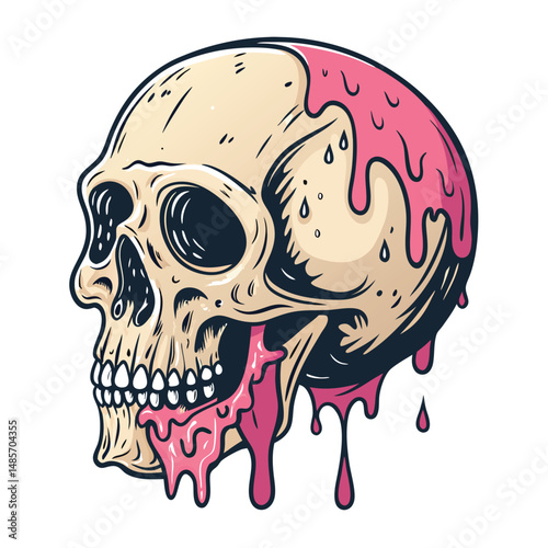 Render a highly detailed image of a human skull melting like wax, exhibiting distorted features, dripping and flowing, with a dark, surreal aesthetic.