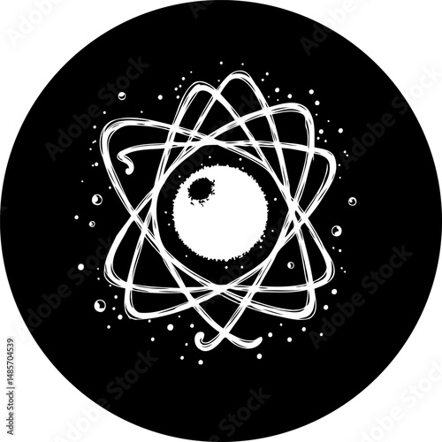 Stylized atomic symbol with orbital paths against a stark black background