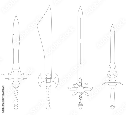 Four swords are shown in a line, with the first one being a long sword and the others being shorter. The swords are all white, and they are all lined up next to each other