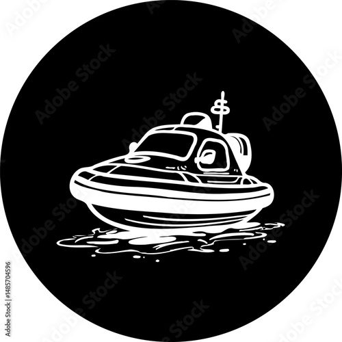 Stylized monochromatic illustration presenting a compact recreational boat design