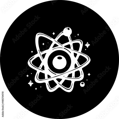 Abstract atom illustration inside of a dark circle providing modern design