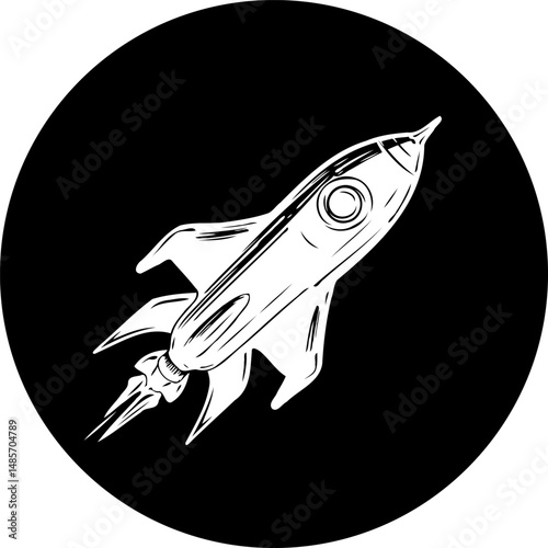 Stylized Rocket Launch Illustration in a Circular Black and White Motif