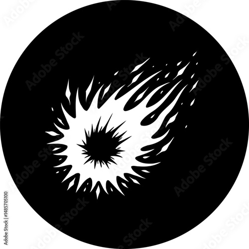Stylized cosmic meteor with vibrant fiery trails within a circular frame