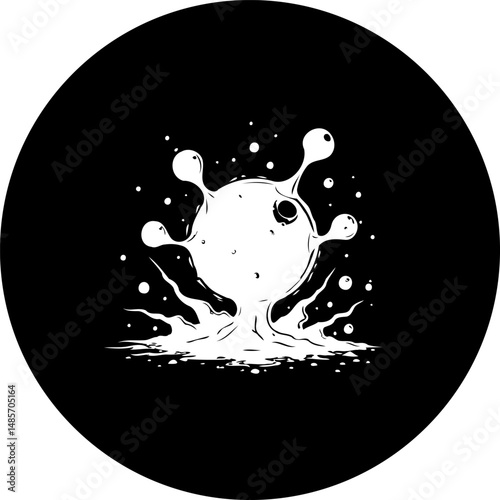 Monochrome depiction of a stylized cell structure or microbial organism