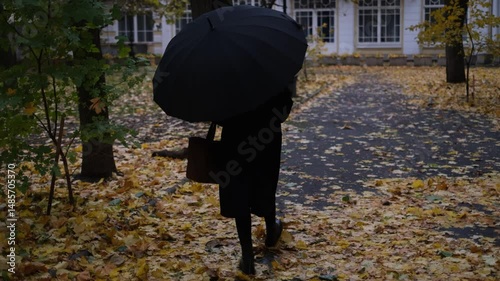 young woman in black coat enjoying walk around city with umbrella scattering fallen leaves under her feet on rainy autumn day