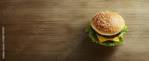 Photo of A beef burger with cheese and lettuce on an isolated wooden background, representing food for bloating relief. Web banner with copyspace on the right side
