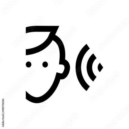Illustration of a head with an ear and sound waves emanating from it in black and white style image