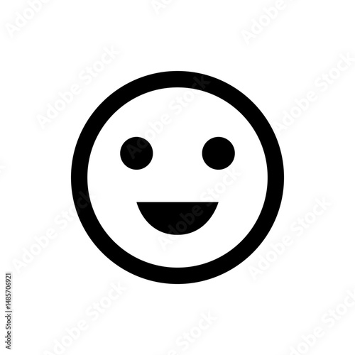 Simple black and white smiley face icon with a circular outline and minimalist facial features design element