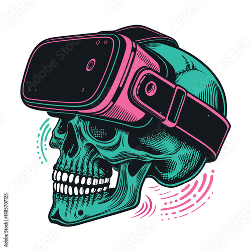 A human skull, meticulously detailed, dons a futuristic VR headset, engulfed by vibrant, glitching 3D effects;  cyberpunk aesthetic.