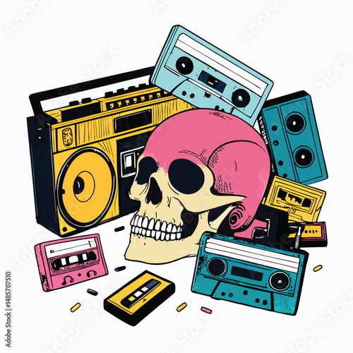 A human skull dramatically centered, encircled by vintage cassette tapes and boomboxes; dark, moody aesthetic.