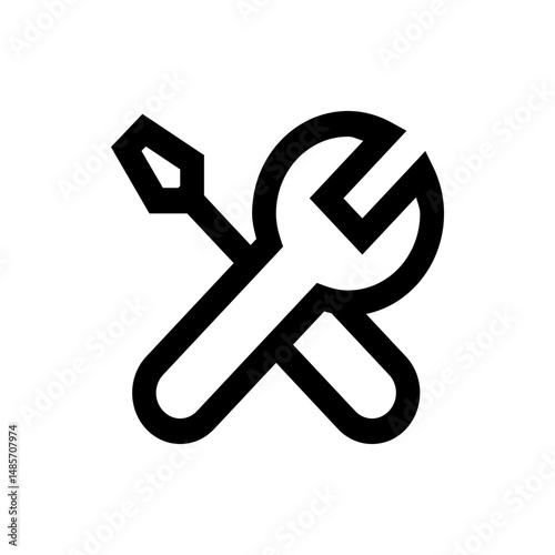 Illustration of a crossed screwdriver and wrench in black outline representing repair and maintenance tools