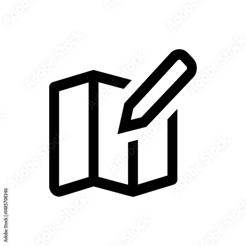A black and white icon showing a map with a pencil on top of it, suggesting editing or marking the map location