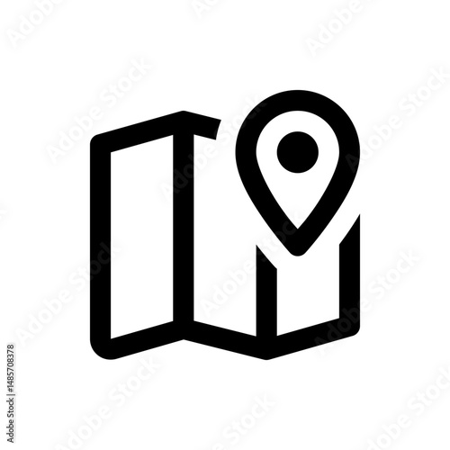 A simple black and white icon of a folded map with a location pin marking a specific destination spot