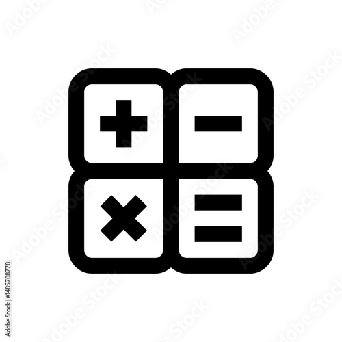 Black and white calculator icon featuring addition subtraction multiplication and division symbols in a square grid