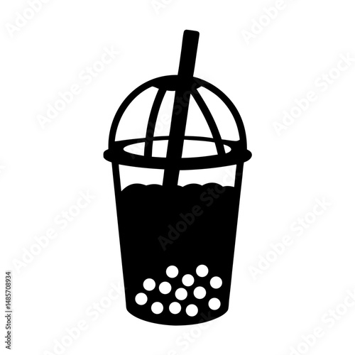 Black and white boba tea vector illustration, tapioca pearl milk tea graphic design element, art