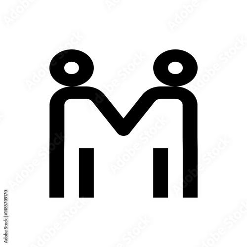 Stylized depiction of two figures connected at the shoulders forming an m shape in black and white