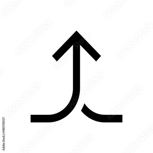 Black arrow pointing upwards with two curved lines merging into the arrow on a white background image