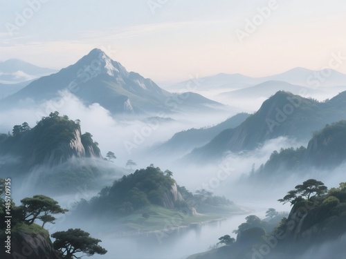 misty mountain landscape with fog